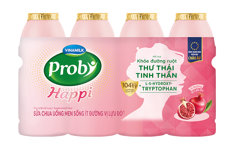 Sữa chua uống men sống ít đường vị lựu đỏ Probi Happi, bổ sung 104 tỷ lợi khuẩn Probiotics L. Casei 431TM từ Châu Âu, cùng L-5-Hydroxytryptophan giúp thư thái tinh thần.
