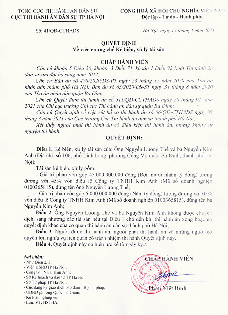 Quyết định số 41 của Cục Thi hành án dân sự TP Hà Nội ban hành về việc cưỡng chế, kê biên, xử lý tài sản đối với ông Nguyễn Lương Thế và bà Nguyễn Kim Anh.