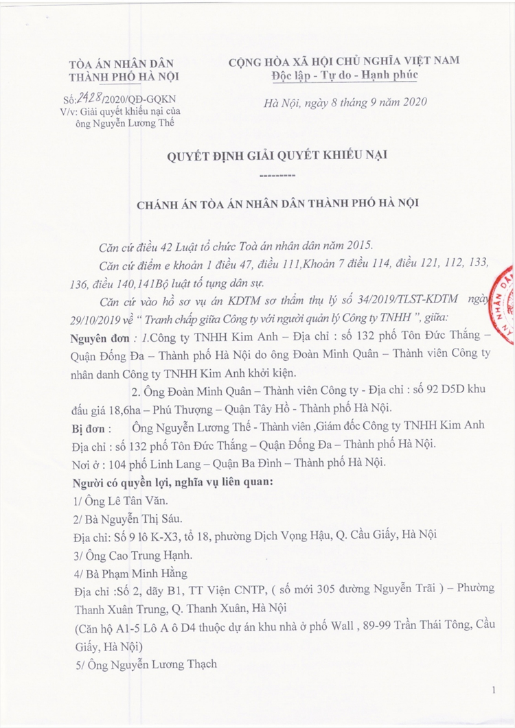 TAND TP Hà Nội không chấp nhận khiếu nại của ông Nguyễn Lương Thế và giữ nguyên Quyết định áp dụng biện pháp khẩn cấp tạm thời số số 282/2020.