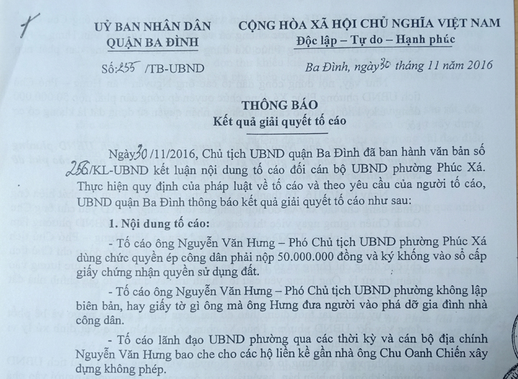 Thông báo kết quả giải quyết tố cáo số 255 của UBND quận Ba Đình khẳng định: Nội dung tố cáo ông Nguyễn Văn Hưng không lập biên bản, hay giấy tờ gì mà ông Hưng đưa người vào phá dỡ công trình xây dựng không phép của công dân là có cơ sở.