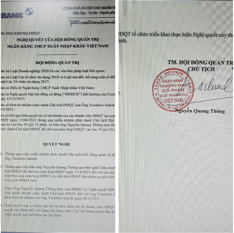 Nghị quyết 156/2021 thông qua việc miễn nhiệm ông Yasuhiro Saitoh, bầu ông Nguyễn Quang Thông tạm thời giữ chức Chủ tịch HĐQT Eximbank (nguồn: Eximbank.com.vn)