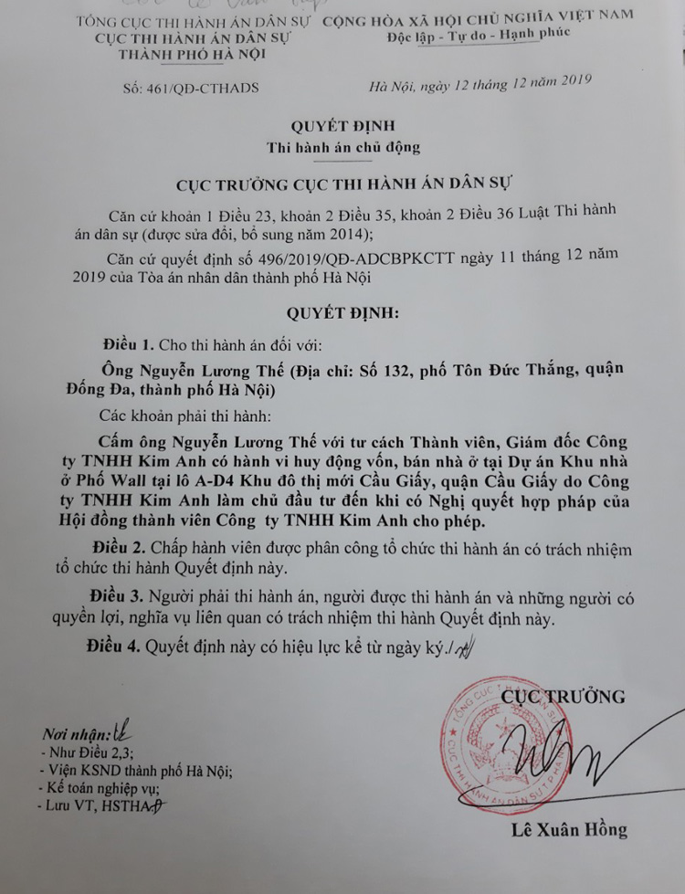 Quyết định thi hành án của Cục Thi hành án dân sự TP Hà Nội ban hành ngày 12/12.