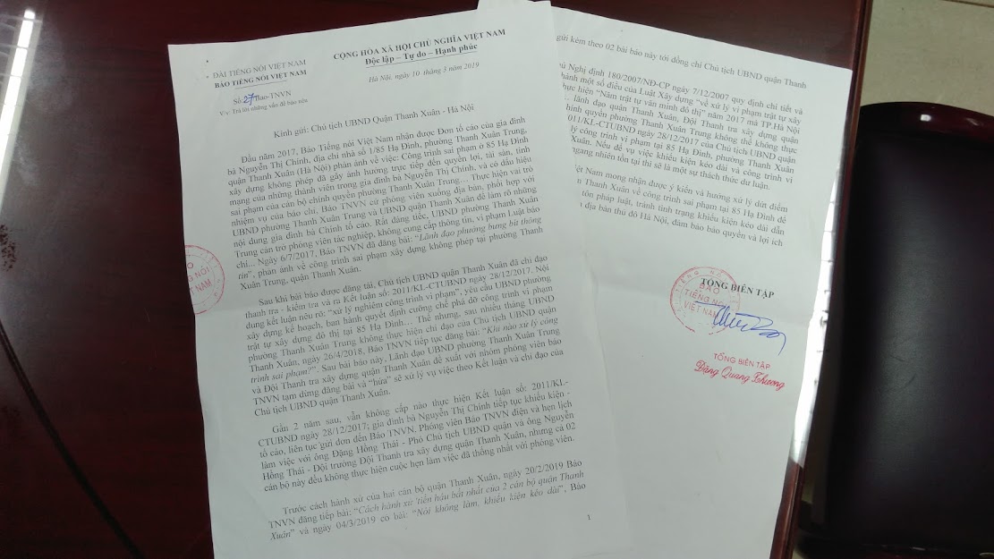 Công văn Báo TNVN đề nghị UBND quận Thanh Xuân trả lời rõ những vấn đề báo nêu