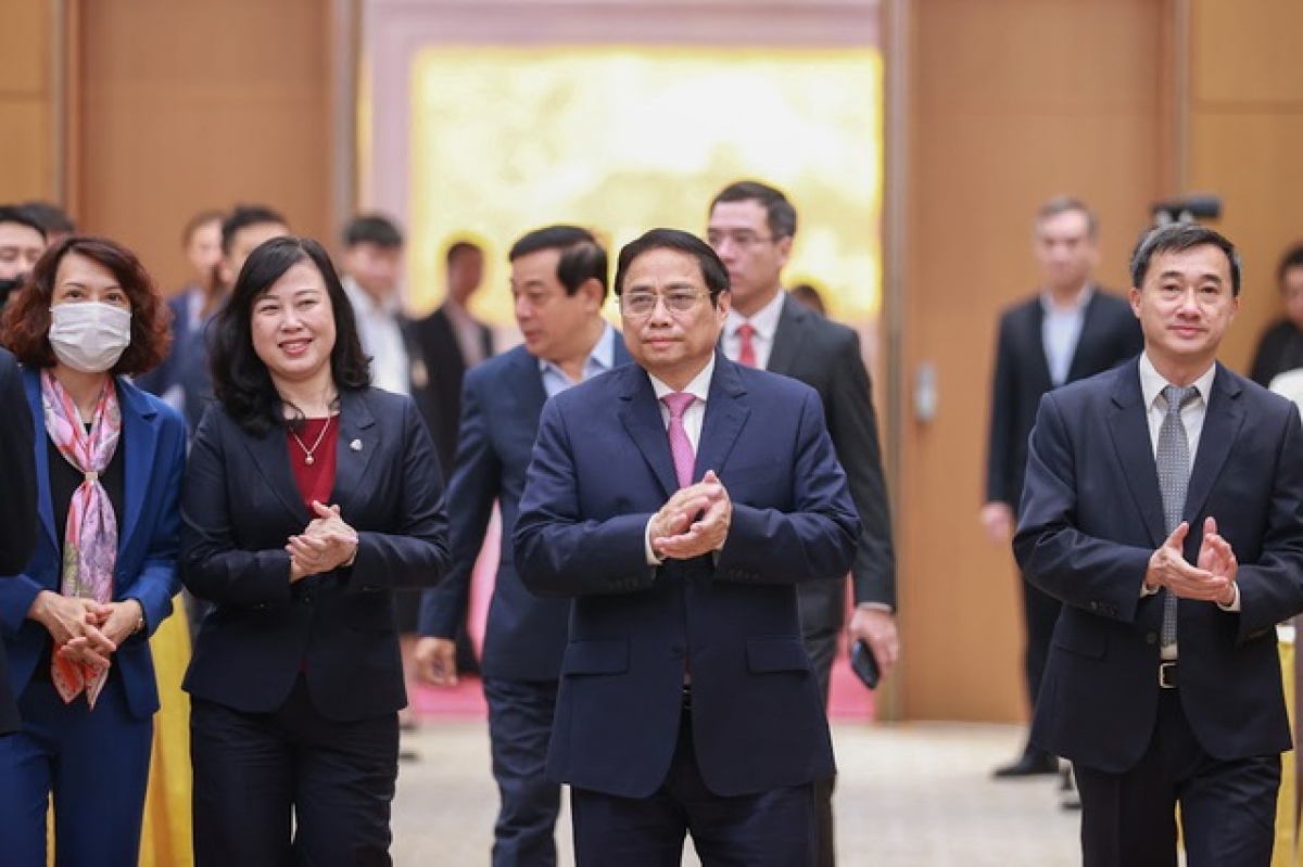 Thủ tướng Phạm Minh Chính tới dự Hội nghị toàn quốc triển khai công tác y tế năm 2023. (Ảnh: VGP)