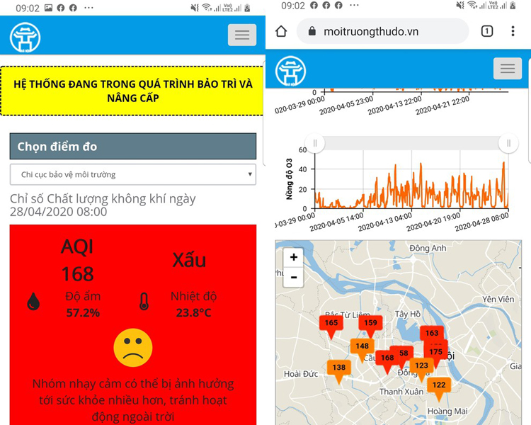 Cổng thông tin quan trắc môi trường của UBND thành phố Hà Nội ghi nhận vào lúc 9h2 ngày ngày 28/4, 6/11 điểm quan trắc chỉ số AQI ở mức 158-175.