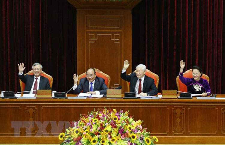 Tổng Bí thư, Chủ tịch nước Nguyễn Phú Trọng và các nhà lãnh đạo Đảng, Nhà nước tại hội nghị. Ảnh: Trí Dũng, TTXVN