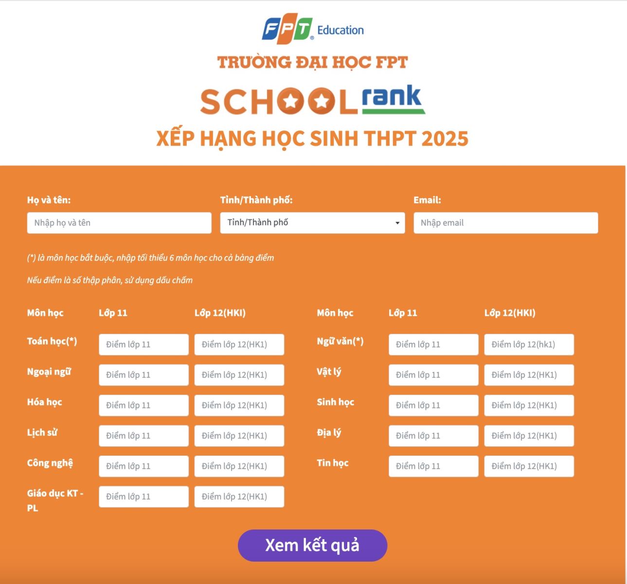 Giao diện SchoolRank 2025.