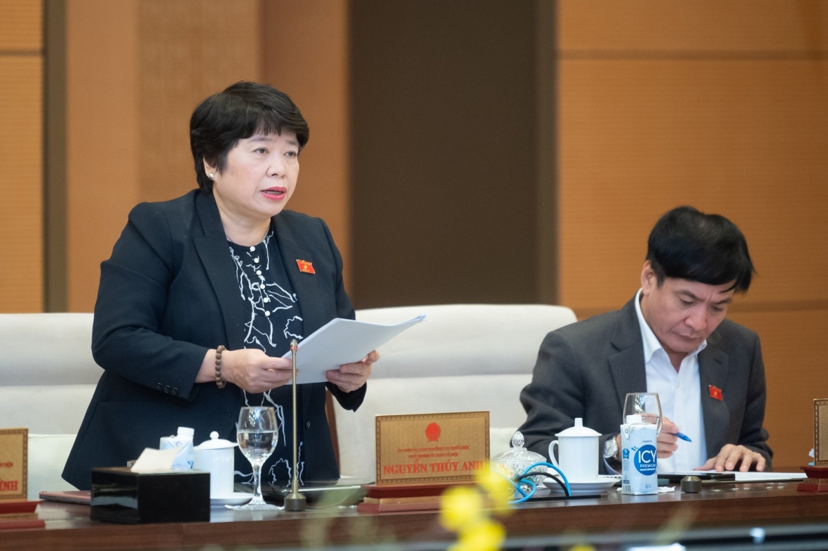 Chủ nhiệm Ủy ban Xã hội Nguyễn Thuý Anh - Phó trưởng đoàn giám sát trình bày báo cáo.