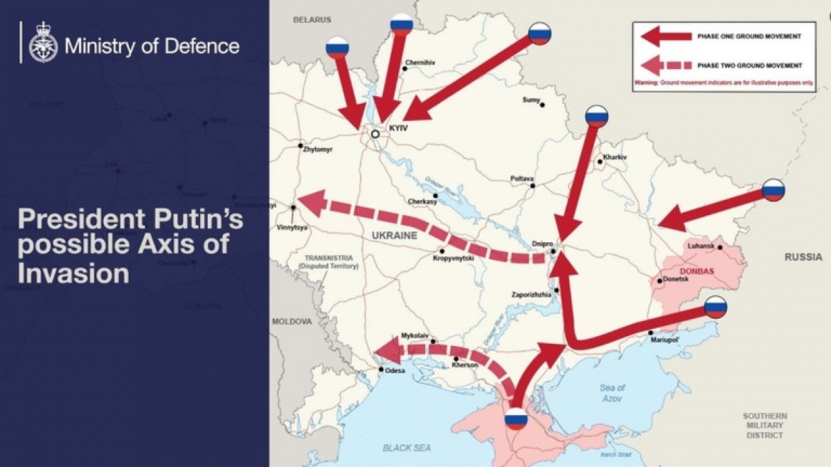 Bản đồ Bộ Quốc phòng Anh chia sẻ trên Twitter cho thấy 7 mũi tấn công của Nga nhằm vào Ukraine.