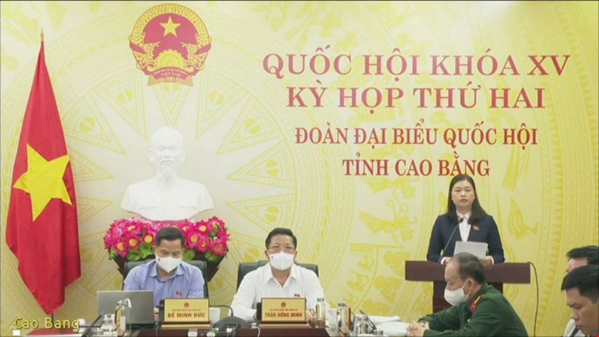 Đại biểu Đoàn Thị Lê An thảo luận trực tuyến tại điểm cầu Cao Bằng. Ảnh: Quốc hội