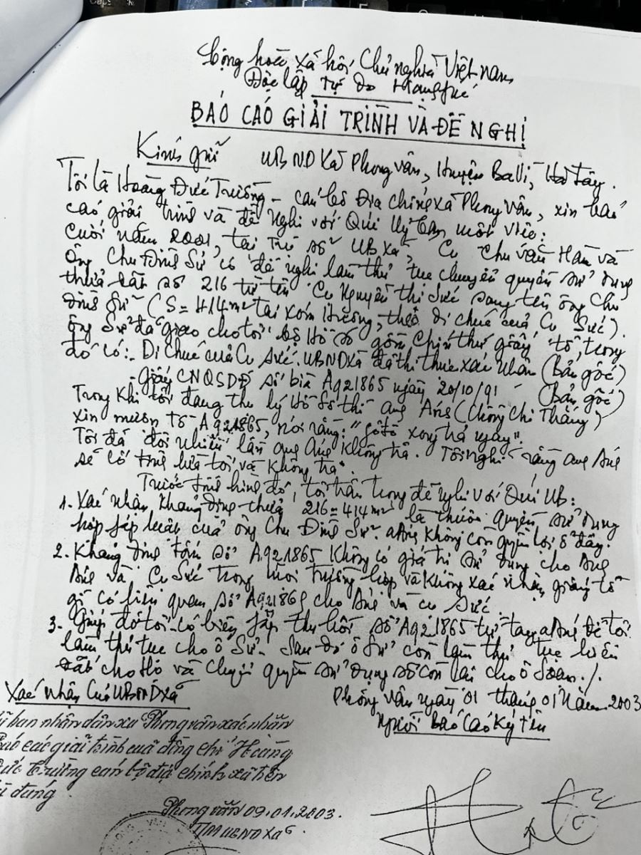 Bản giải trình của ông Hoàng Đức Trường cán bộ địa chính xã.
