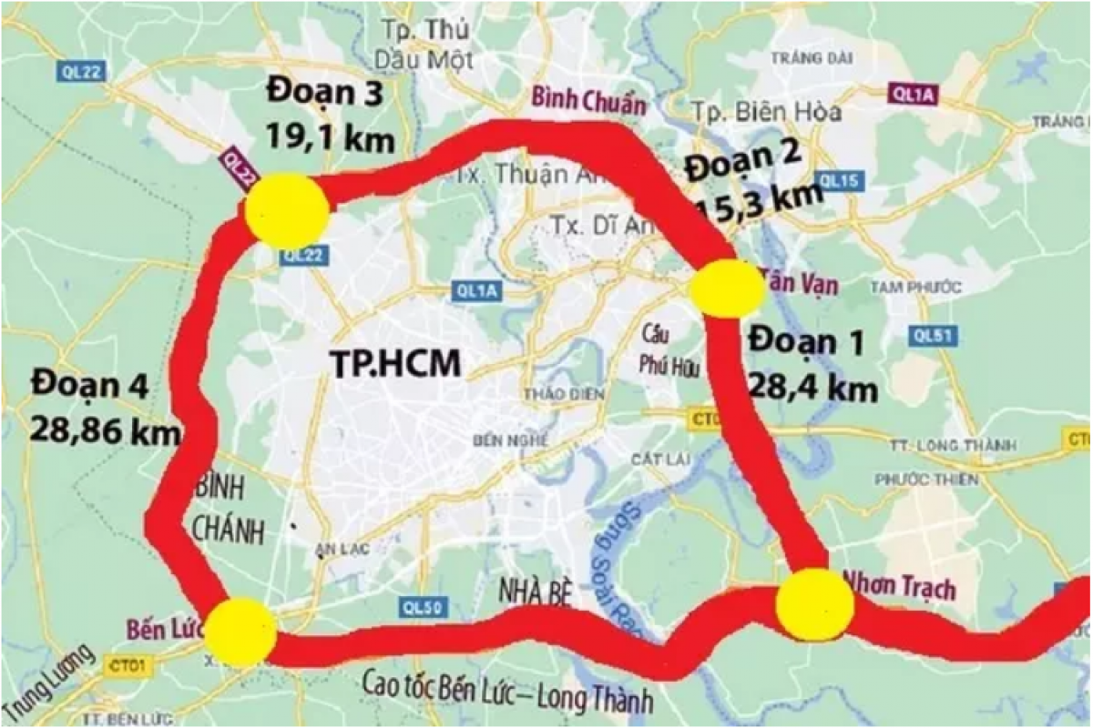 Sơ đồ tuyến Vành đai 3 TP.HCM đi qua 3 tỉnh Bình Dương, Đồng Nai, Long An.